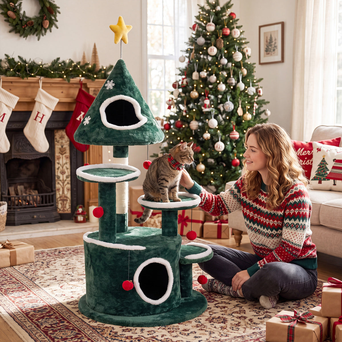 50" Christmas Cat Tree with 2 Condos and Sisal Scratching Post-Green