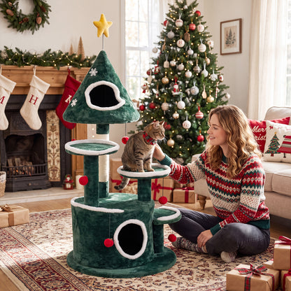50" Christmas Cat Tree with 2 Condos and Sisal Scratching Post-Green