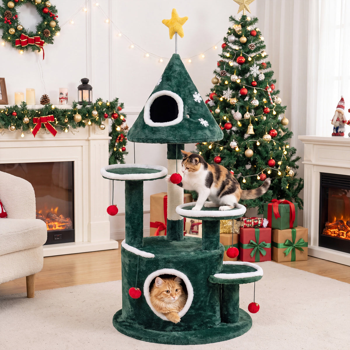 50" Christmas Cat Tree with 2 Condos and Sisal Scratching Post-Green