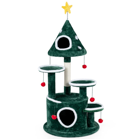 Green 50-inch Christmas cat tree with two condos and sisal scratching post, perfect for cats to play, scratch, and relax.