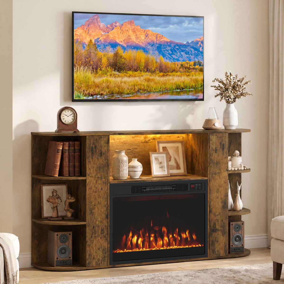 50” Fireplace TV Stand with RGB Lights and 23” Electric Fireplace for Living Room-Natural