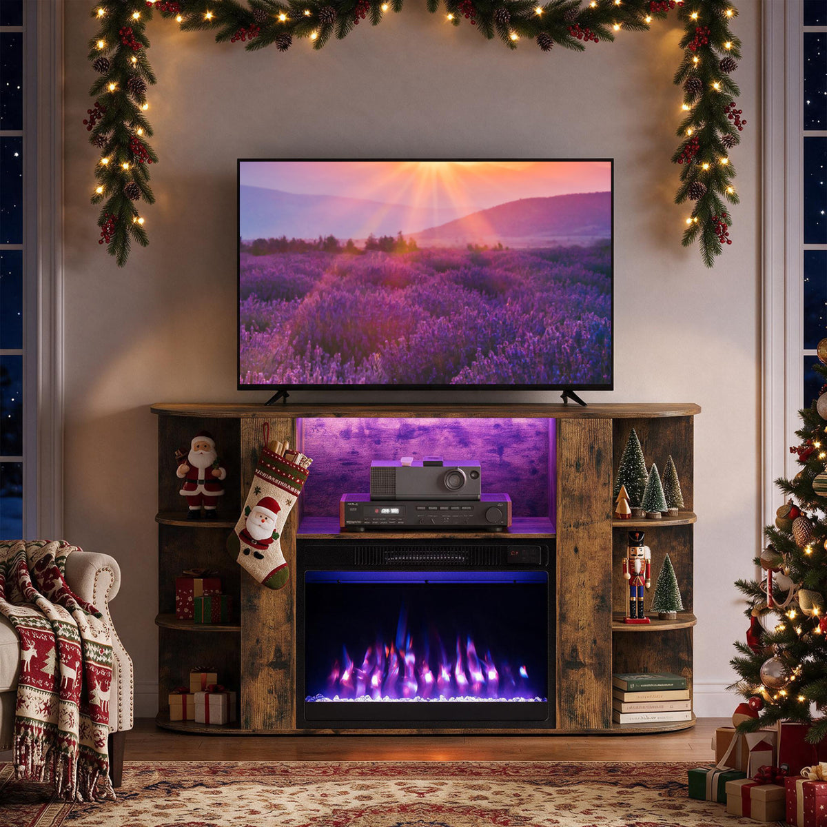 50” Fireplace TV Stand with RGB Lights and 23” Electric Fireplace for Living Room-Natural