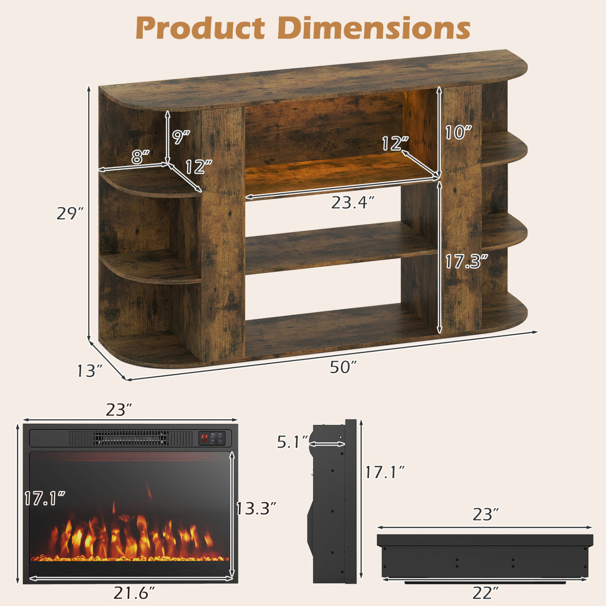 50” Fireplace TV Stand with RGB Lights and 23” Electric Fireplace for Living Room-Natural