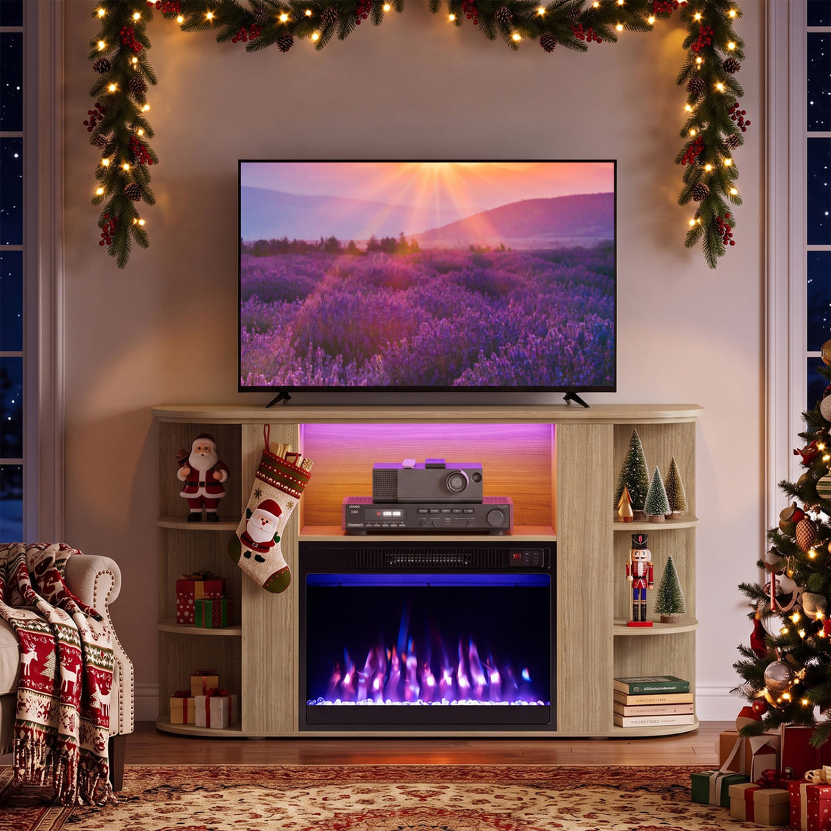 50” Fireplace TV Stand with RGB Lights and 23” Electric Fireplace for Living Room-Natural