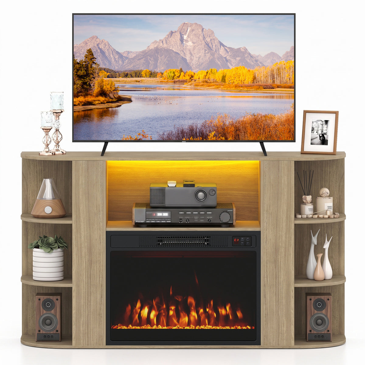 50” Fireplace TV Stand with RGB Lights and 23” Electric Fireplace for Living Room-Natural
