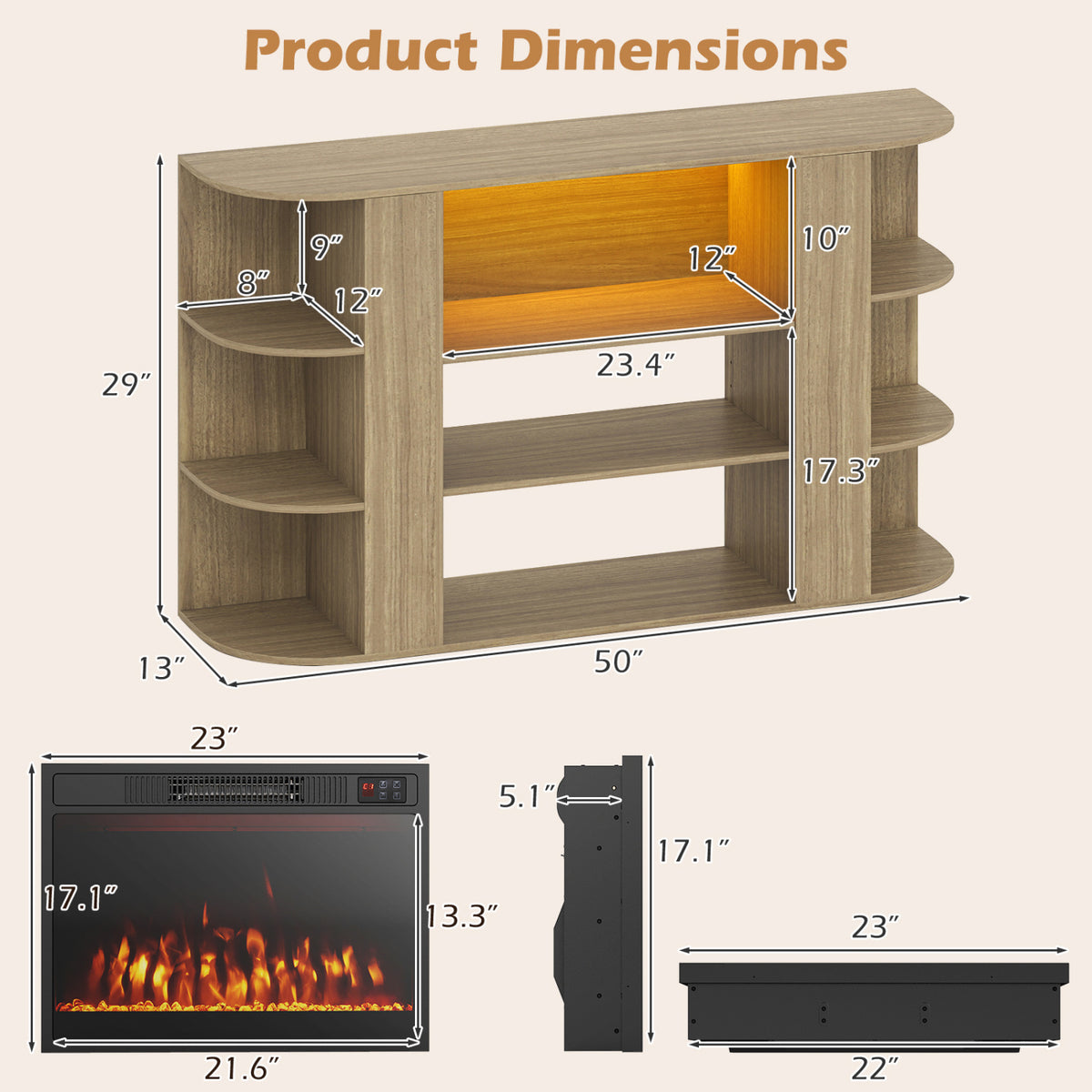 50” Fireplace TV Stand with RGB Lights and 23” Electric Fireplace for Living Room-Natural