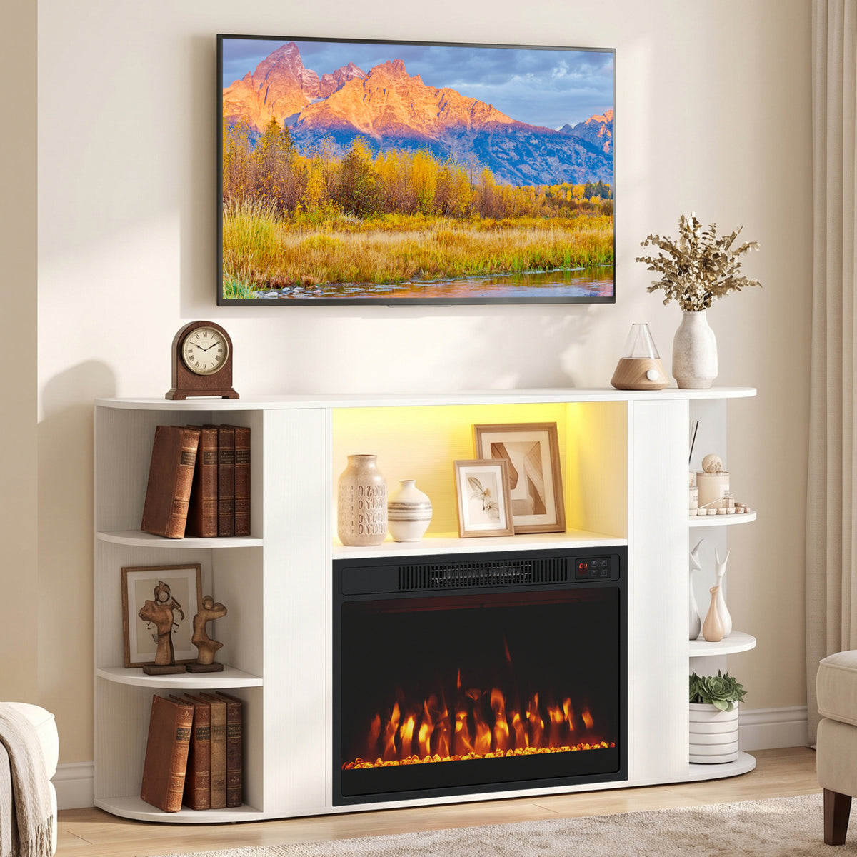 50” Fireplace TV Stand with RGB Lights and 23” Electric Fireplace for Living Room-Natural