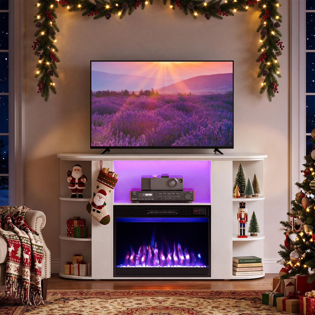 50” Fireplace TV Stand with RGB Lights and 23” Electric Fireplace for Living Room-Natural