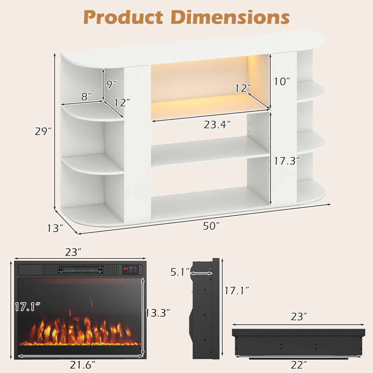 50” Fireplace TV Stand with RGB Lights and 23” Electric Fireplace for Living Room-Natural
