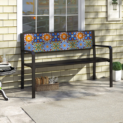 50 Inch Patio Metal Bench Slatted Loveseat for 2-3 People with Mosaic Backrest-Black
