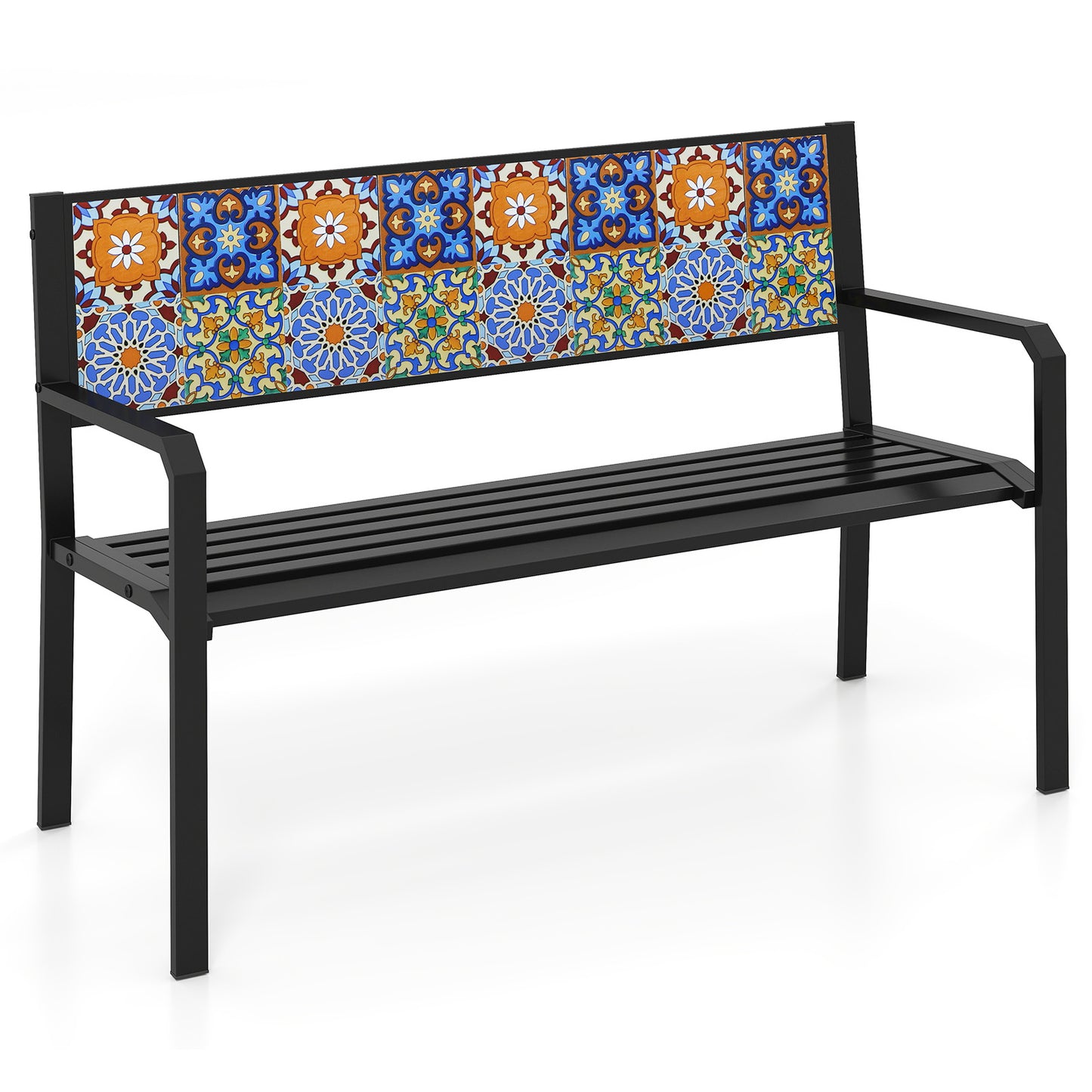 50 Inch Patio Metal Bench Slatted Loveseat for 2-3 People with Mosaic Backrest-Black