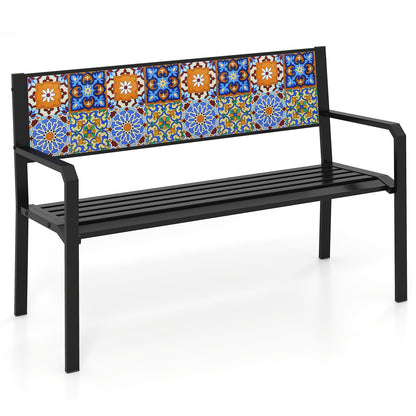 50 Inch Patio Metal Bench Slatted Loveseat for 2-3 People with Mosaic Backrest-Black