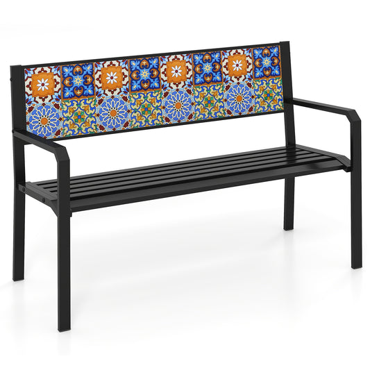 50 Inch Patio Metal Bench Slatted Loveseat for 2-3 People with Mosaic Backrest-Black