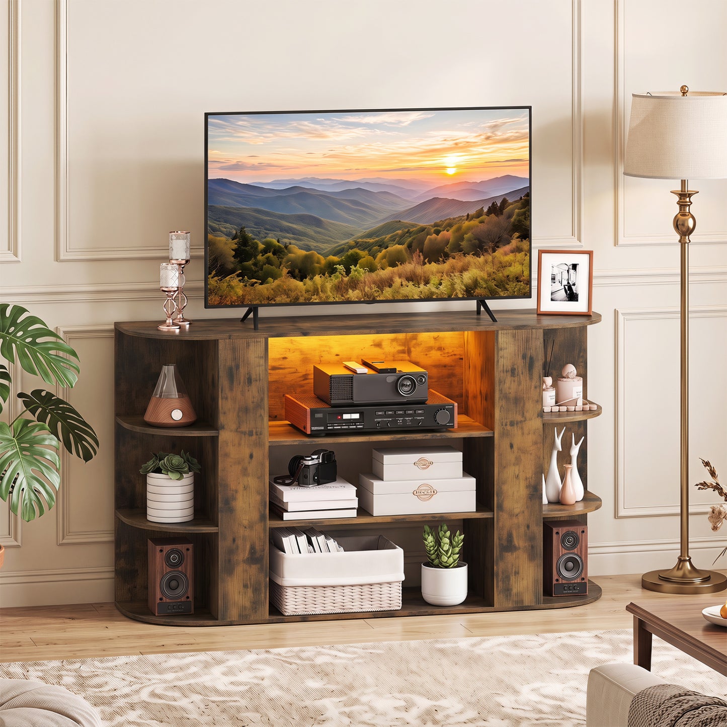 50 Inch TV Stand for 55 Inch TV with RGB Lights Entertainment Center with Adjustable and Removable Shelf-Rustic Brown