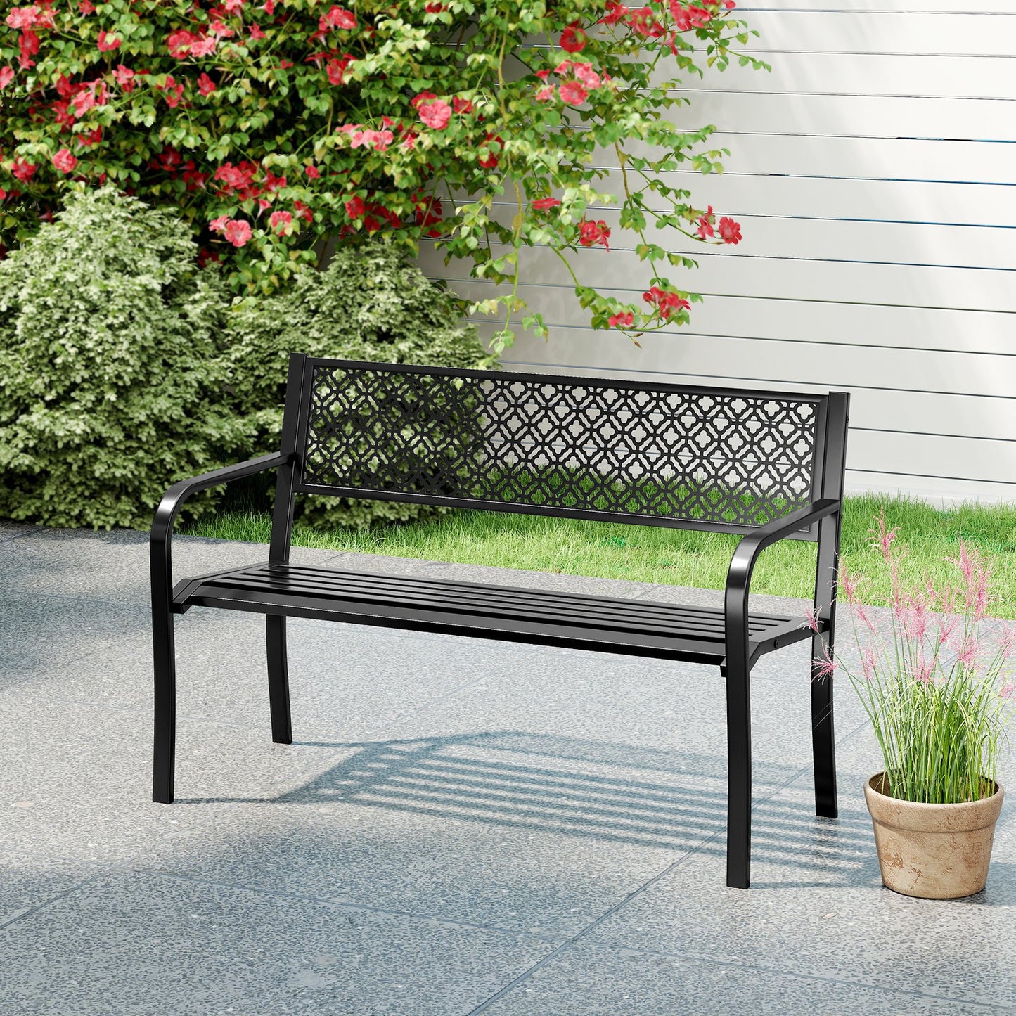 50 Inches Outdoor Garden Bench with Geometric Lattice Backrest and Slatted Seat-Black