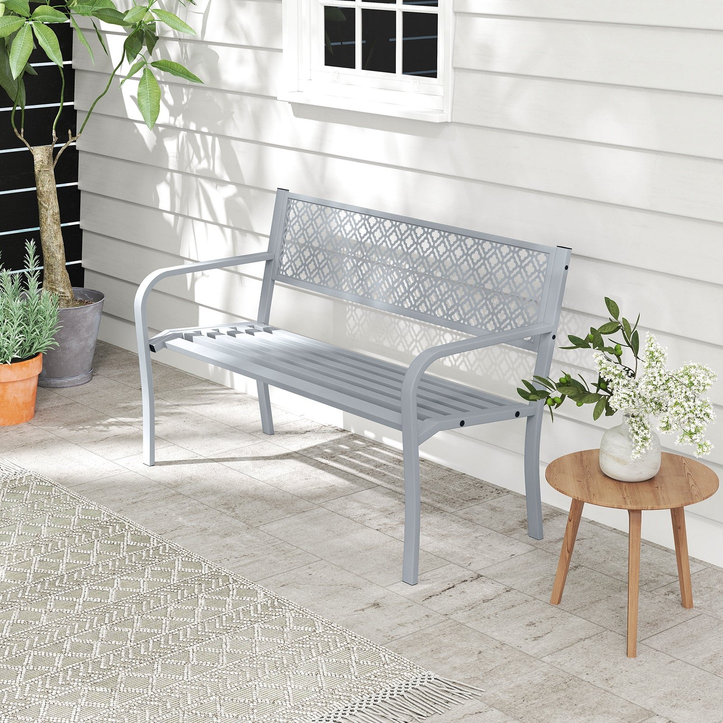 50 Inches Outdoor Garden Bench with Geometric Lattice Backrest and Slatted Seat-Black