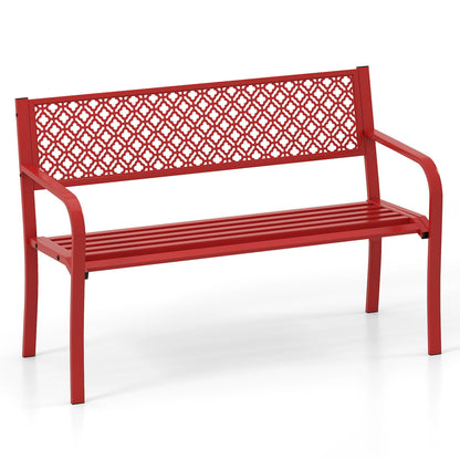 50 Inches Outdoor Garden Bench with Geometric Lattice Backrest and Slatted Seat-Black