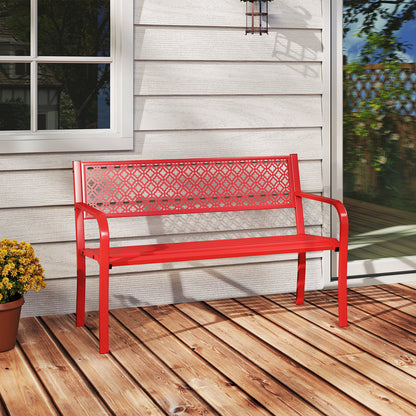 50 Inches Outdoor Garden Bench with Geometric Lattice Backrest and Slatted Seat-Black