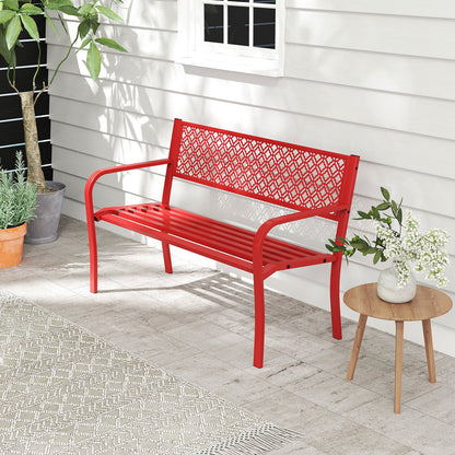 50 Inches Outdoor Garden Bench with Geometric Lattice Backrest and Slatted Seat-Black