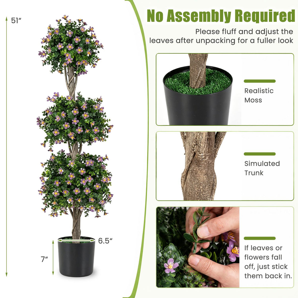 51" Artificial Topiary Tree with 3 Topiary Balls Sun-Resistant Fake Bushes-Purple