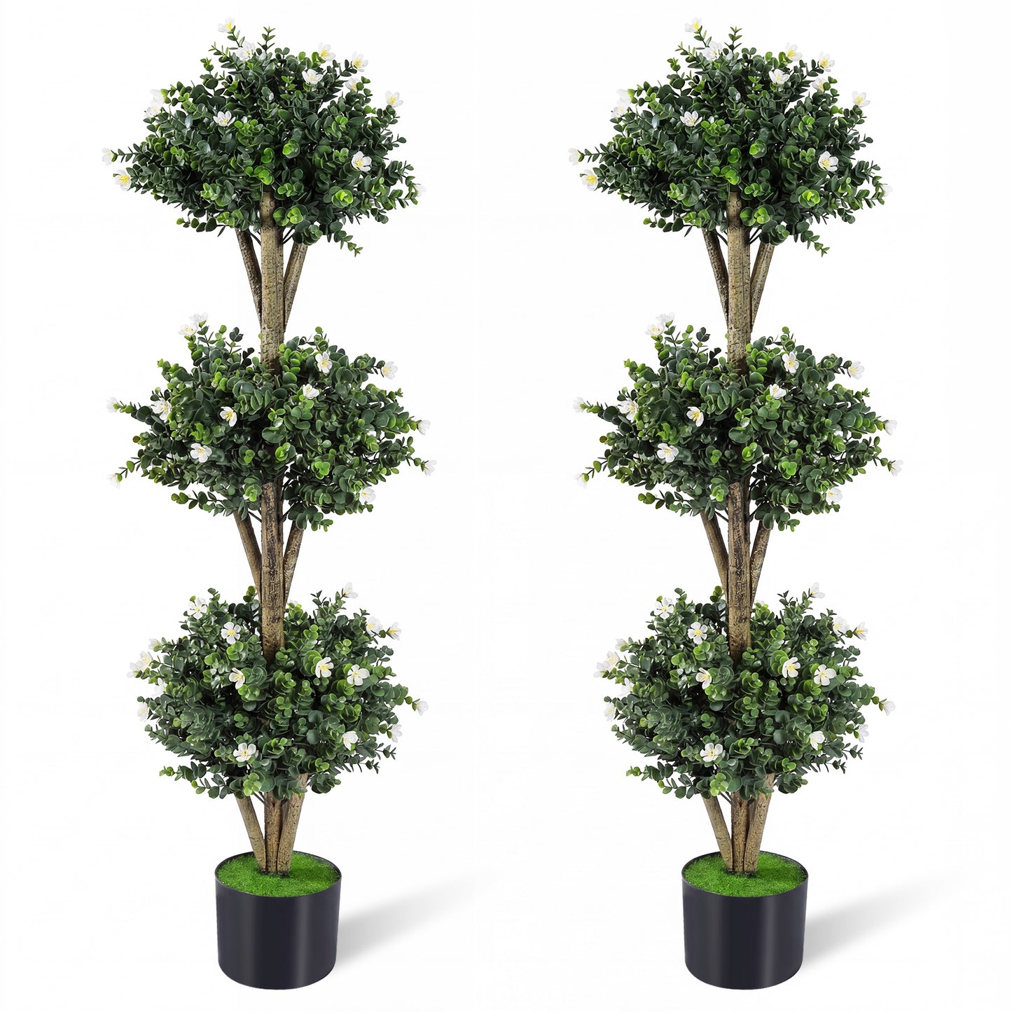 51" Artificial Triple Ball Boxwood Topiary Tree with 59 Blossoms Set of 2-Purple