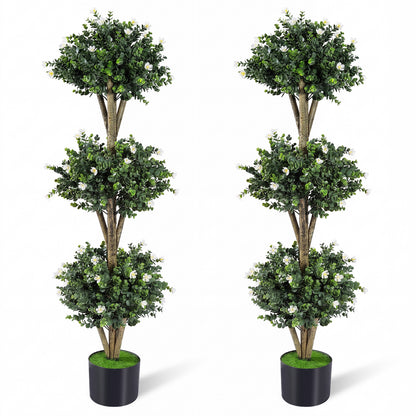 51" Artificial Triple Ball Boxwood Topiary Tree with 59 Blossoms Set of 2-Purple