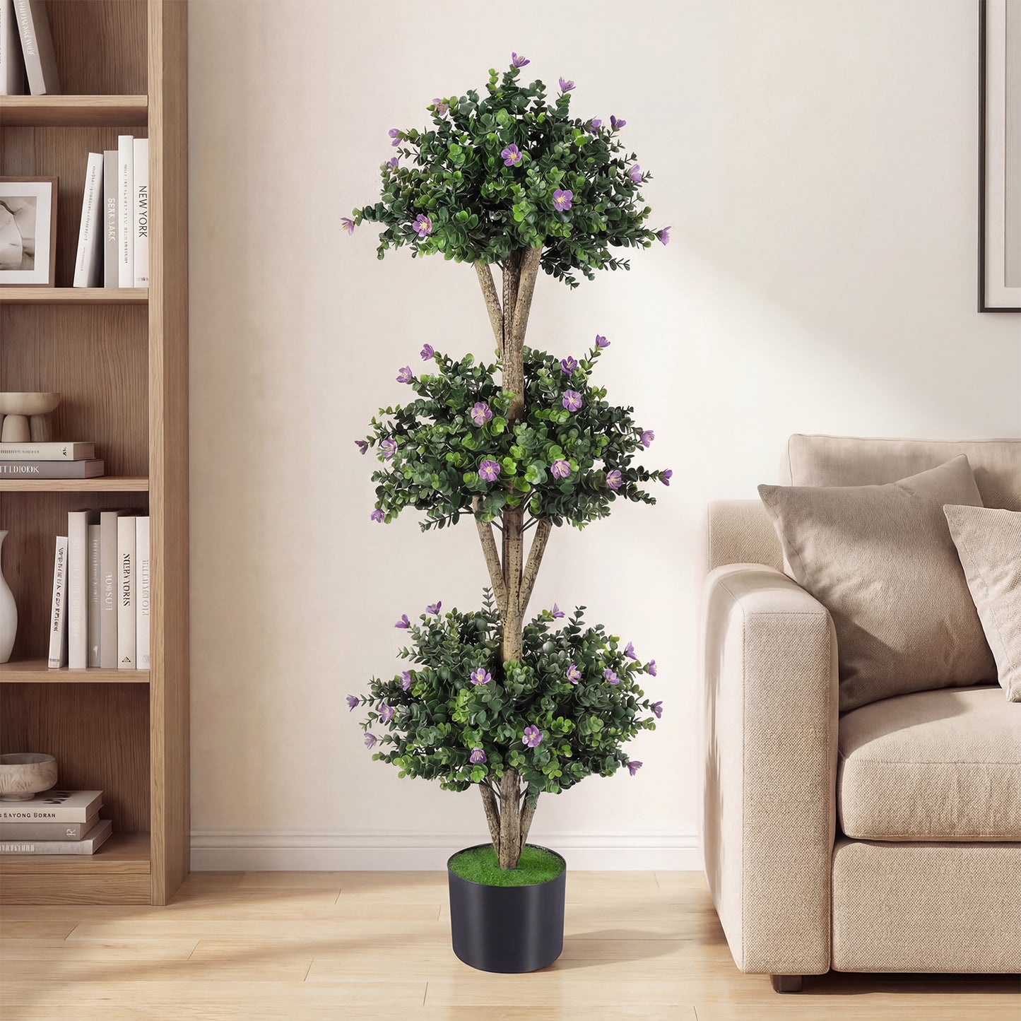 51" Artificial Triple Ball Boxwood Topiary Tree with 59 Blossoms-Purple