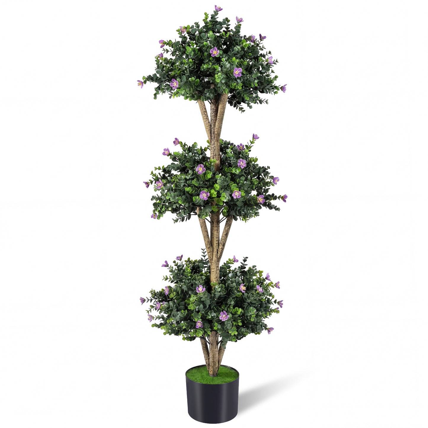 51" Artificial Triple Ball Boxwood Topiary Tree with 59 Blossoms-Purple