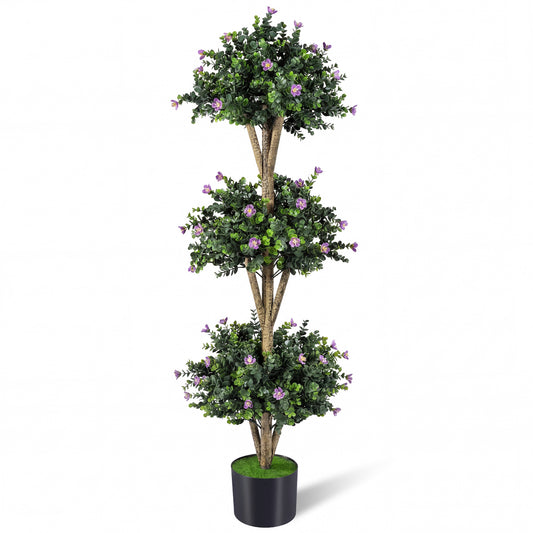 51" Artificial Triple Ball Boxwood Topiary Tree with 59 Blossoms-Purple