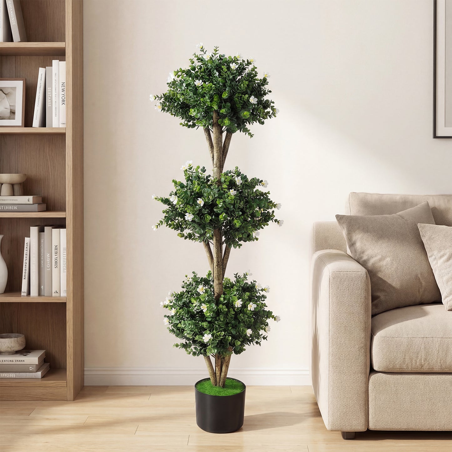 51" Artificial Triple Ball Boxwood Topiary Tree with 59 Blossoms-Purple