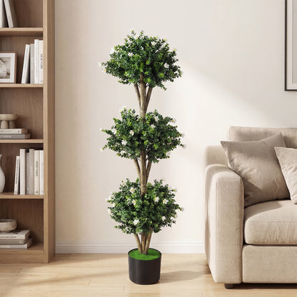 51" Artificial Triple Ball Boxwood Topiary Tree with 59 Blossoms-Purple