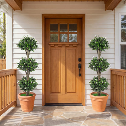 51" Artificial Triple Ball Boxwood Topiary Tree with 59 Blossoms-Purple