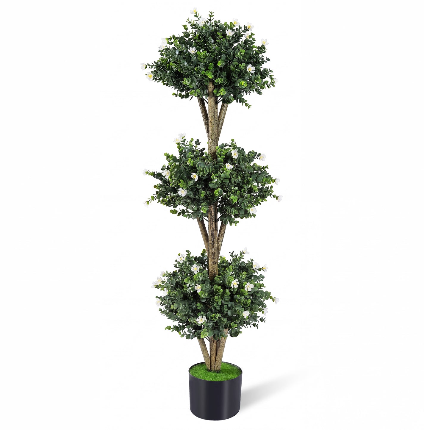 51" Artificial Triple Ball Boxwood Topiary Tree with 59 Blossoms-Purple