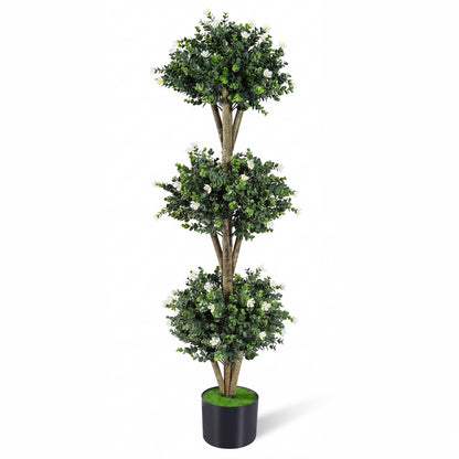 51" Artificial Triple Ball Boxwood Topiary Tree with 59 Blossoms-Purple
