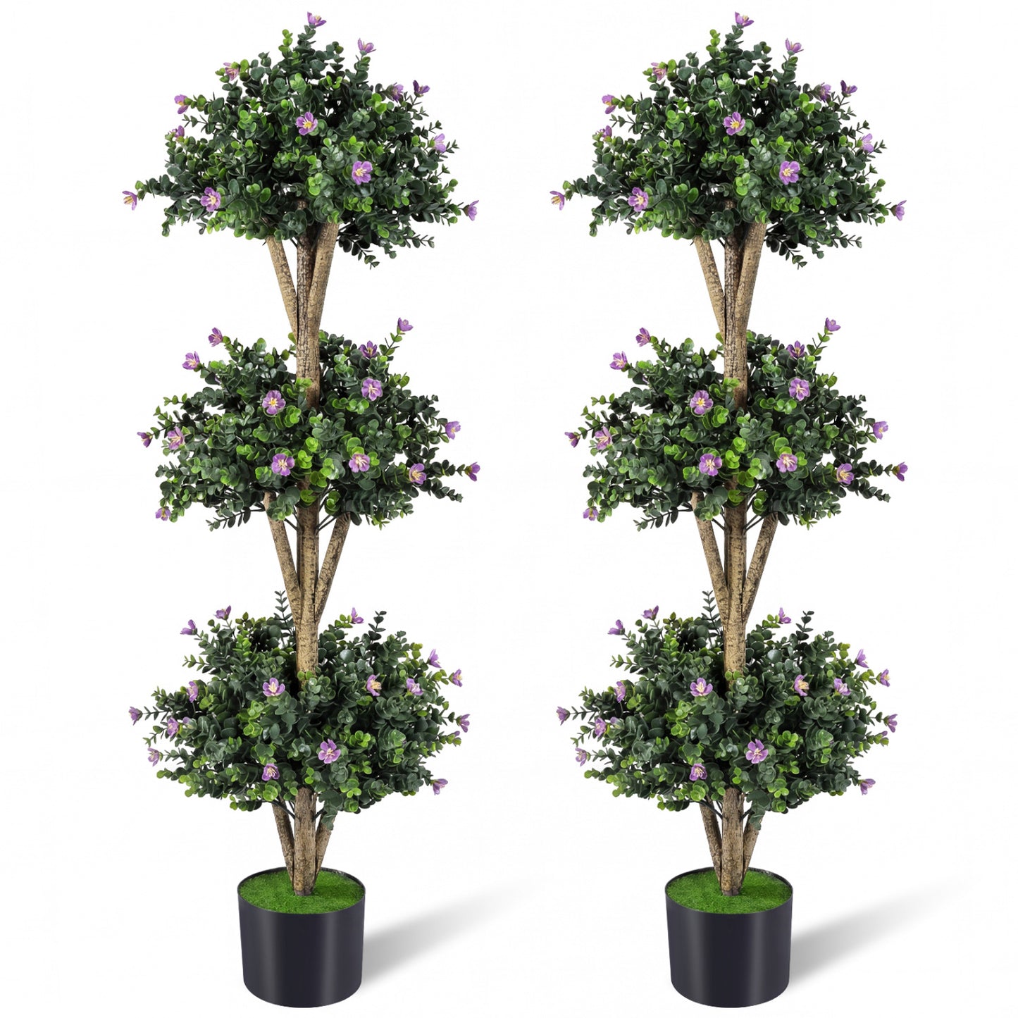 51" Artificial Triple Ball Boxwood Topiary Tree with 59 Blossoms Set of 2-Purple