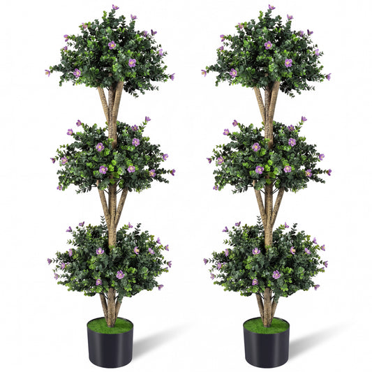 51" Artificial Triple Ball Boxwood Topiary Tree with 59 Blossoms Set of 2-Purple
