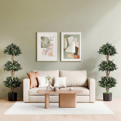 51" Artificial Triple Ball Boxwood Topiary Tree with 59 Blossoms Set of 2-Purple