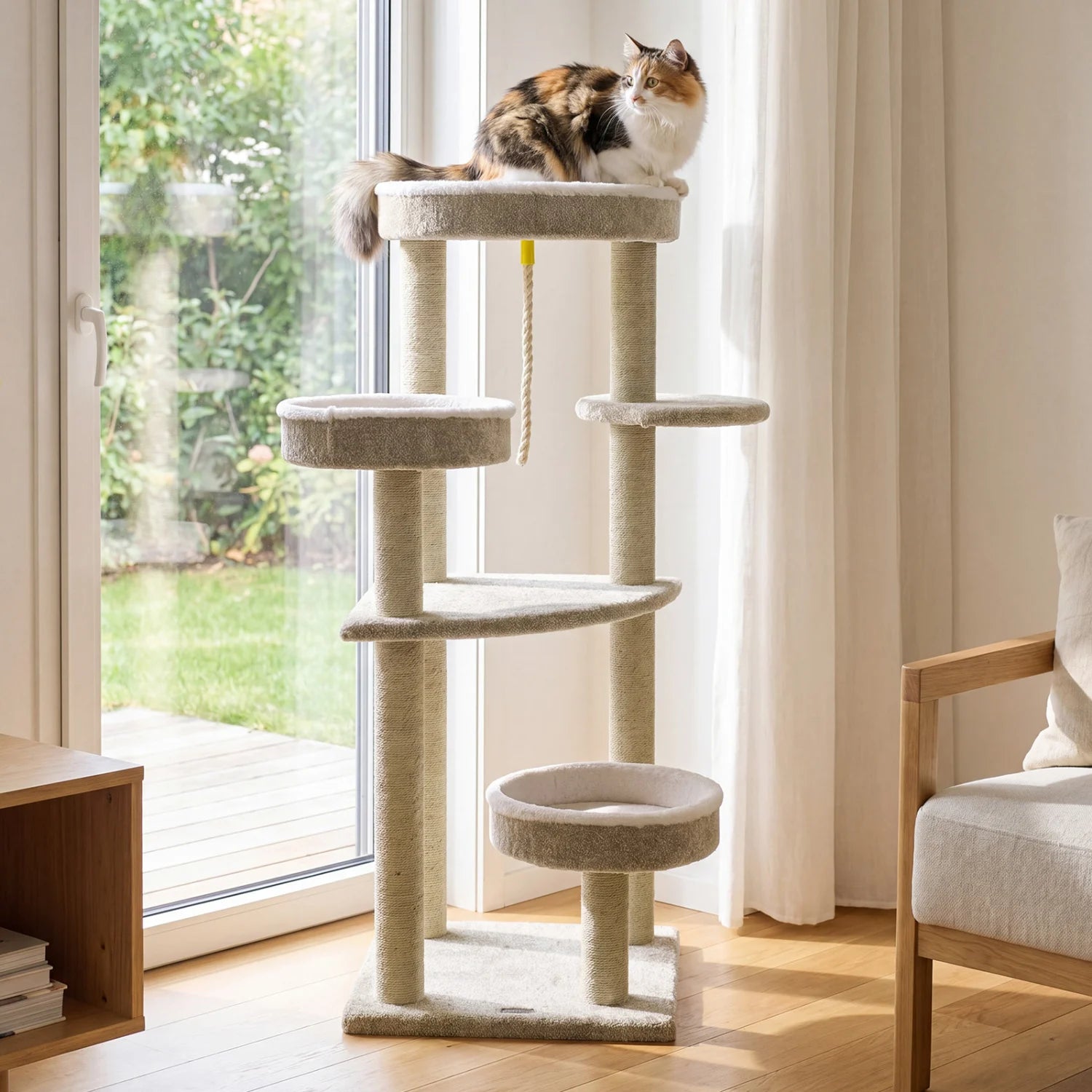 Beige carpeted cat tree with plush perches for indoor cats, featuring multiple levels and scratching posts for entertainment.