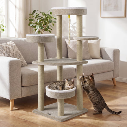 Beige carpeted cat tree with plush perches and scratching posts for indoor cats, perfect for climbing and lounging.