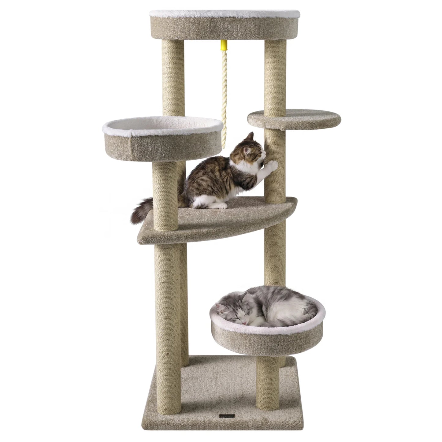 Beige 51-inch carpeted cat tree with plush perches for indoor cats, featuring multiple levels and scratching posts for pets.