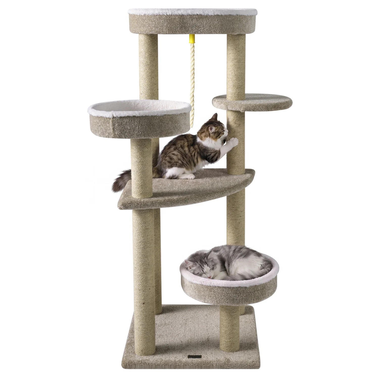 Beige 51-inch carpeted cat tree with plush perches for indoor cats, featuring multiple levels and scratching posts for pets.