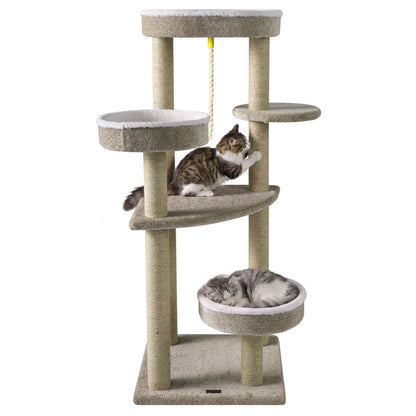 Beige 51-inch carpeted cat tree with plush perches for indoor cats, featuring multiple levels and scratching posts for pets.