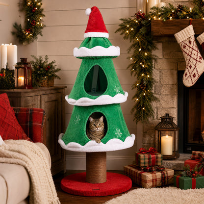 51" Christmas Cat Tree with 2 Cozy Condos and Scratching Post for Pets-Green