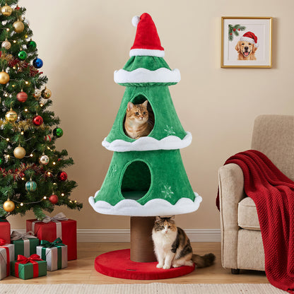51" Christmas Cat Tree with 2 Cozy Condos and Scratching Post for Pets-Green