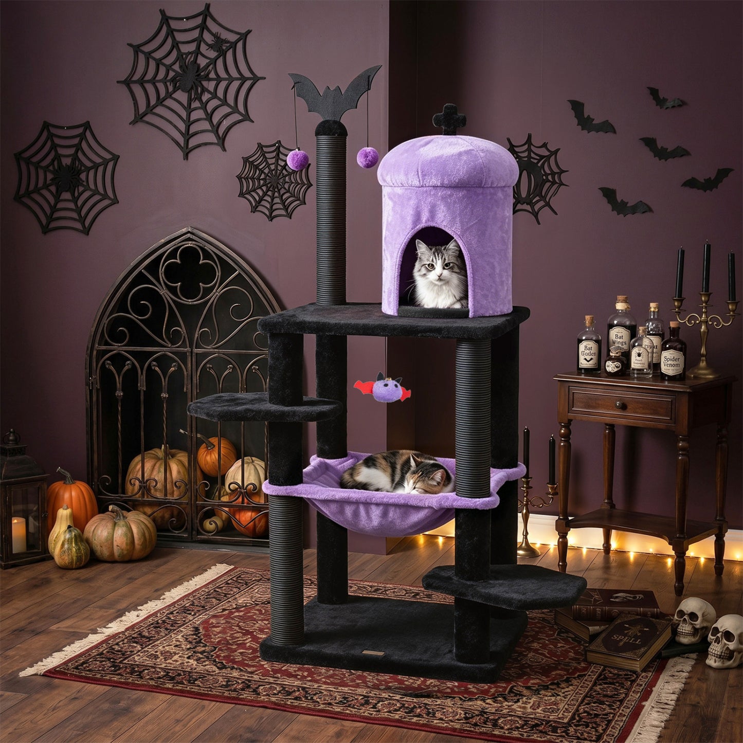 Gothic-style 51-inch multi-level cat tree with purple accents, spider hanging toy, perfect for cats and Halloween-themed décor.