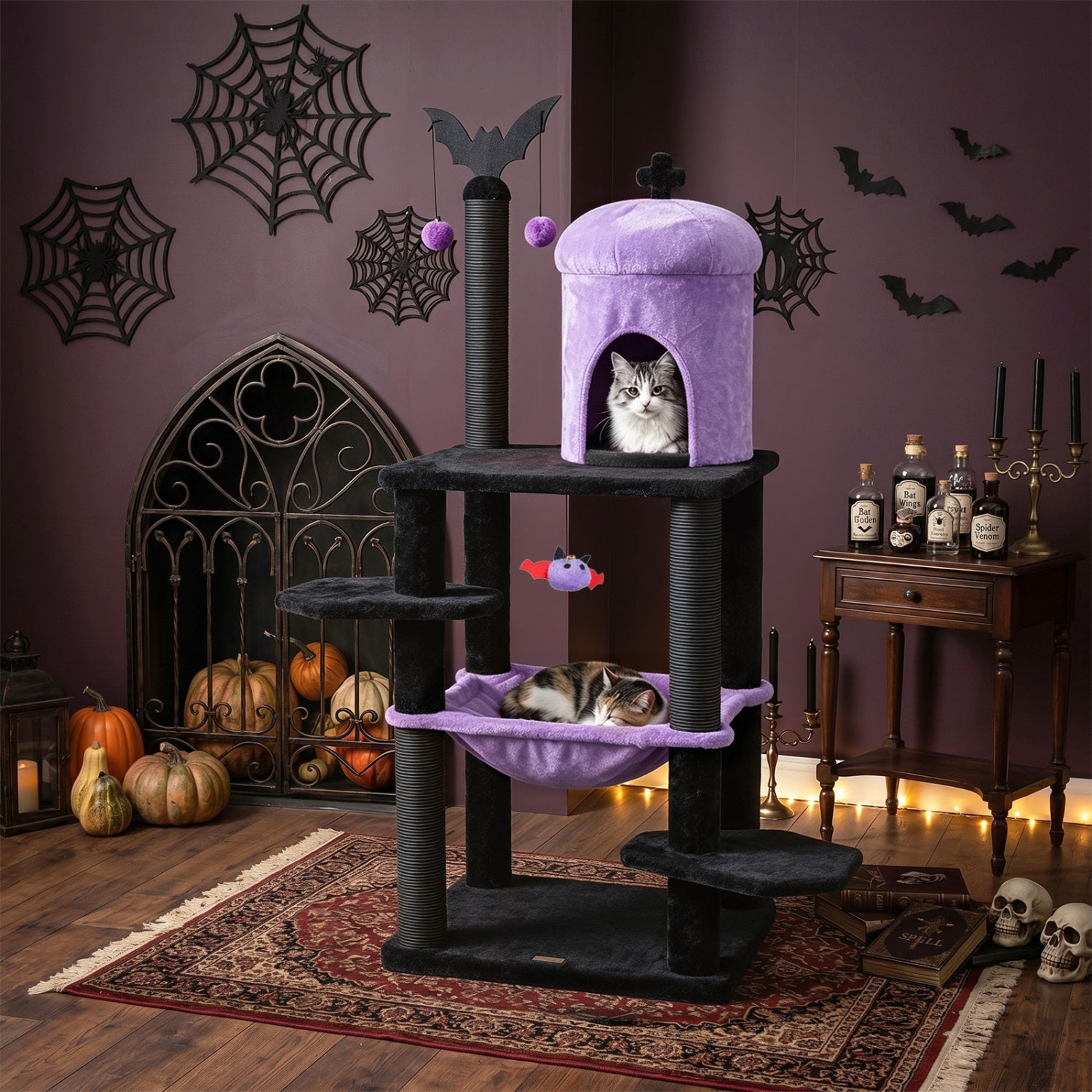 Gothic-style 51-inch multi-level cat tree with purple accents, spider hanging toy, perfect for cats and Halloween-themed décor.