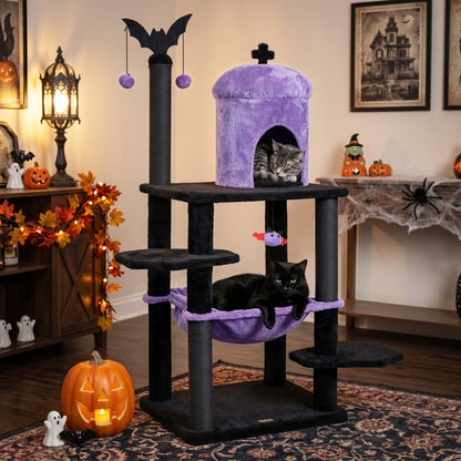 Gothic multi-level cat tree with spider hanging toy in purple for cats, designed for Halloween-themed pet play and climbing.