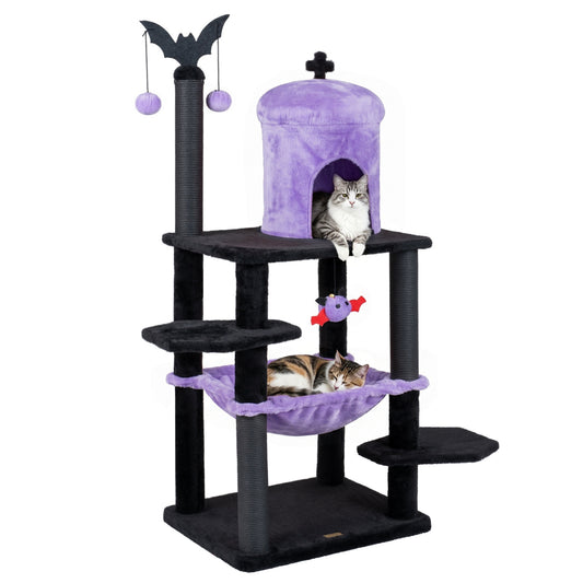 Gothic-style 51-inch black and purple multi-level cat tree with spider hanging toy for cats, featuring multiple platforms and cozy spaces.