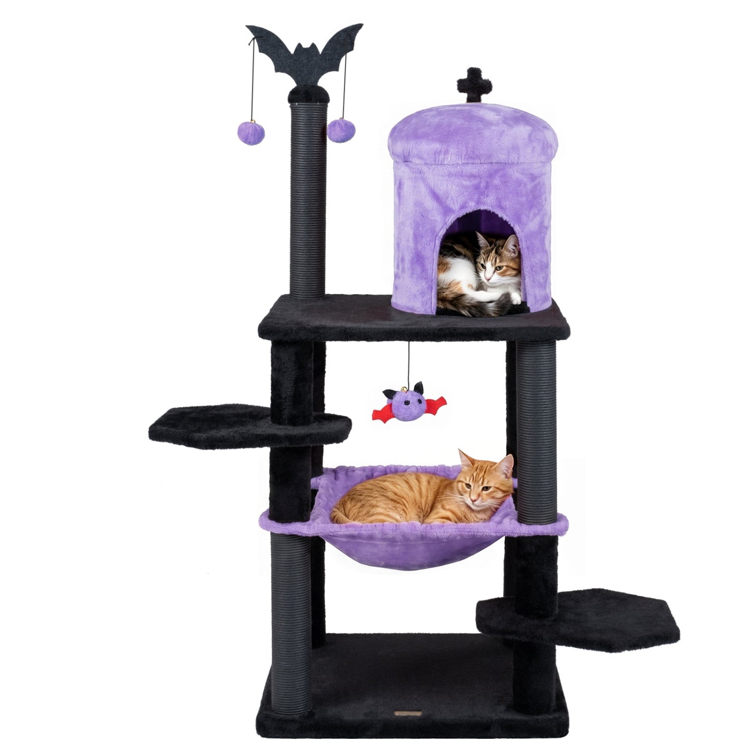 Gothic multi-level cat tree in black and purple with a hanging spider toy, designed for cats to climb, scratch, and play.