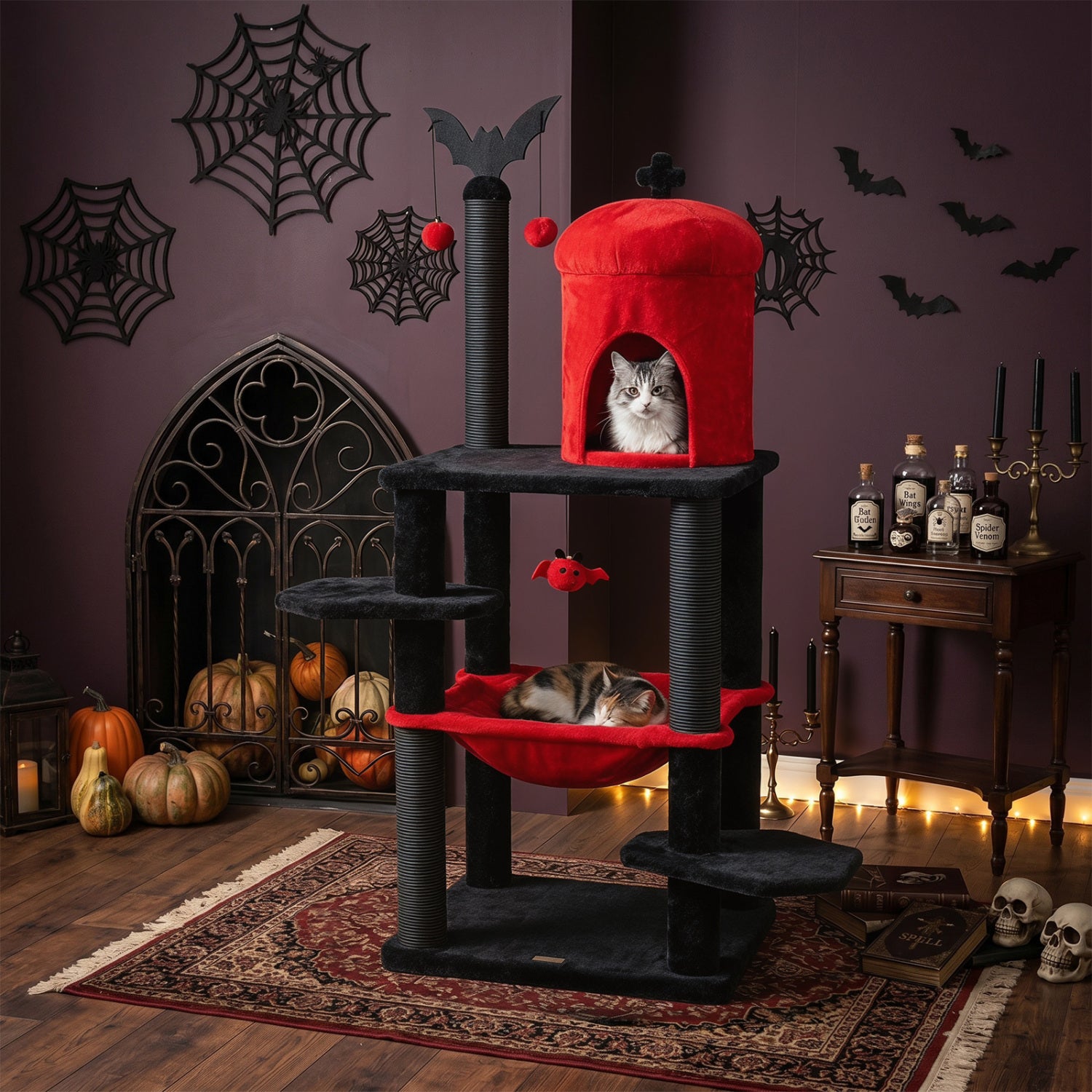 Gothic-style 51-inch multi-level cat tree with purple accents, featuring a spider hanging toy for cats to climb and play.